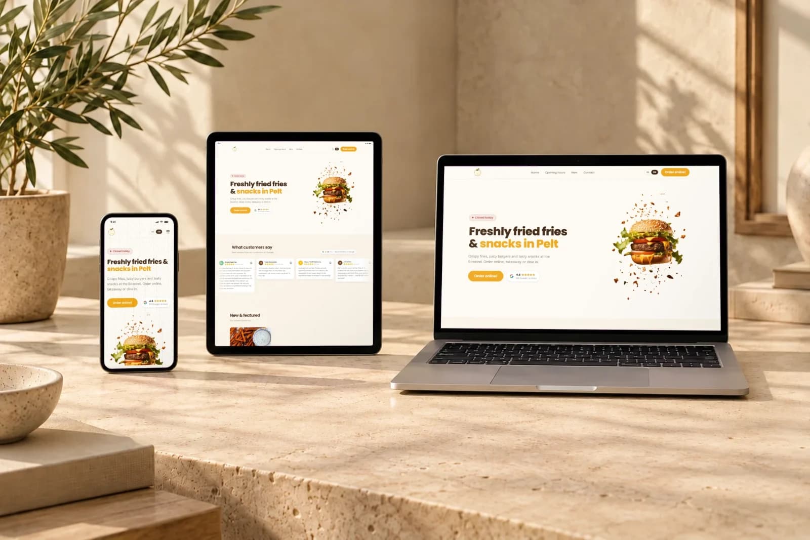 A website on the screens of a phone, a tablet and a laptop, made by Pagecut