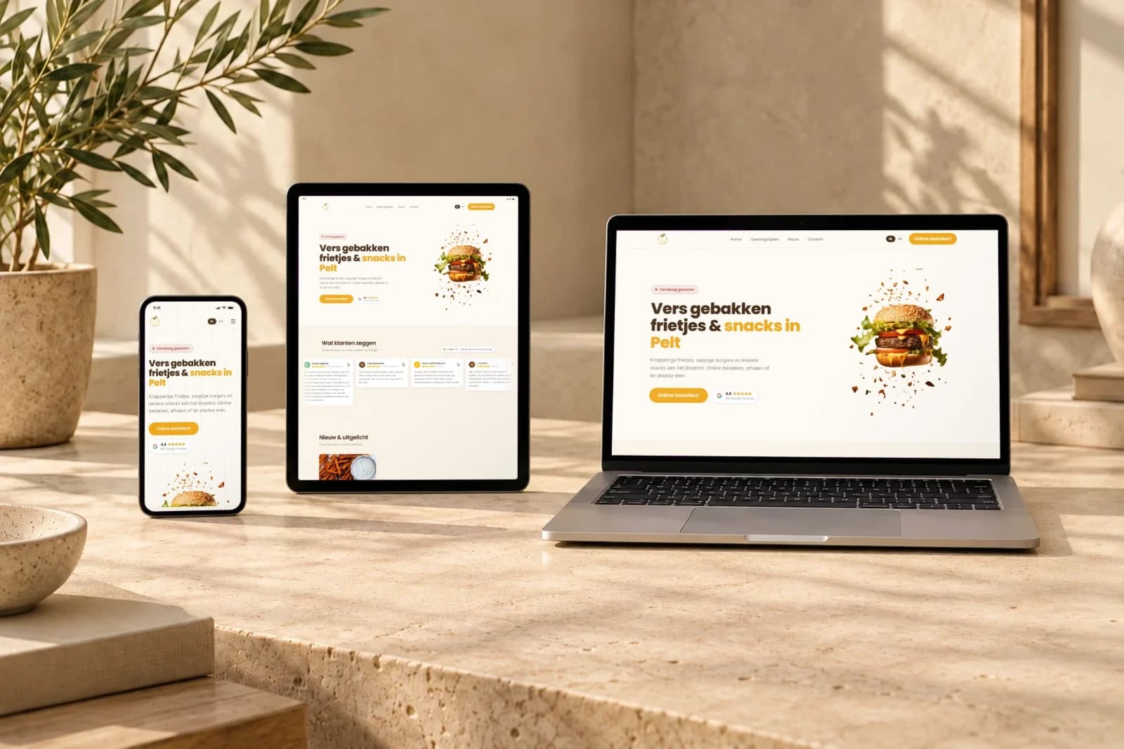 Een website op de schermen van een telefoon, een tablet en een laptop, gemaakt door Pagecut